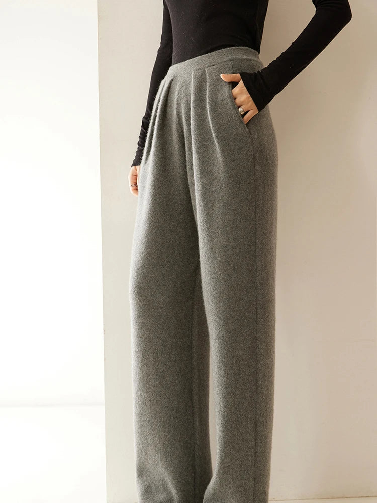 ADDONEE Women 100% Cashmere Pants Pleated Waist Wide Leg Pants Casual Simple Style Autumn Winter Cashmere Knit Trousers Luxury