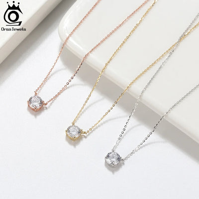 ORSA JEWELS 925 Sterling Silver Dainty Necklace for Women 14K Gold Plated Round Brilliant Cut Solitaire Pendant Necklace APN13
