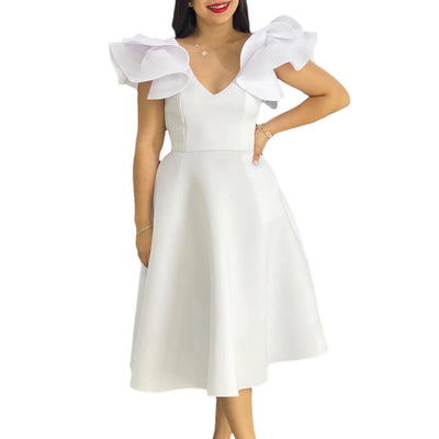 Elegant Party Dresses for Women V Neck Ruffles Sleeve High Waisted A Line Mid Calf Luxury Birthday Dinner Vestidos Mujer Dress