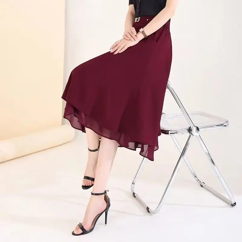 A-line Drooping Skirt for Women New High-waisted Slim Mid-length Mesh Spliced pleated Skirt Umbrella Skirt