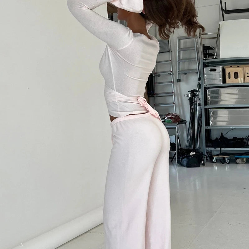 Women Fashion Lounge Set Vintage 2 Piece Outfit V Neck Waist Tie T-shirt + Elastic Waist Pants Autumn Long Sleeve Crop Tops