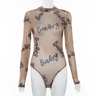 Summer Sexy Letter Print Transparent Mesh Bodysuits Long Sleeve See Through Baby Bodycon Rompers Women Jumpsuits
