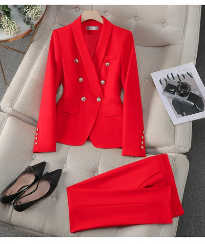 High Quality Suit Office Casual Two Piece Set Spring Autumn Women Double Breasted Blazers+Straight Zipper Trousers Women Outfit