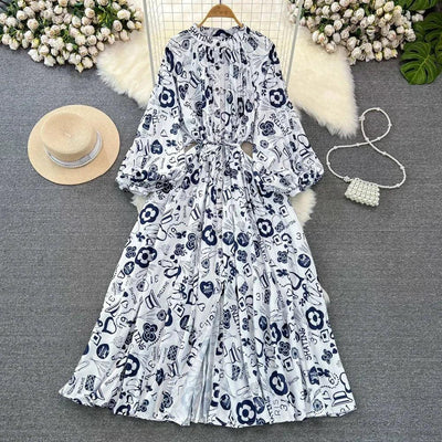 Retro Elegant Sashes O Neck Single Breasted Print Dresses Long Lantern Sleeves A-line Casual High Waist Women Autumn Clothing