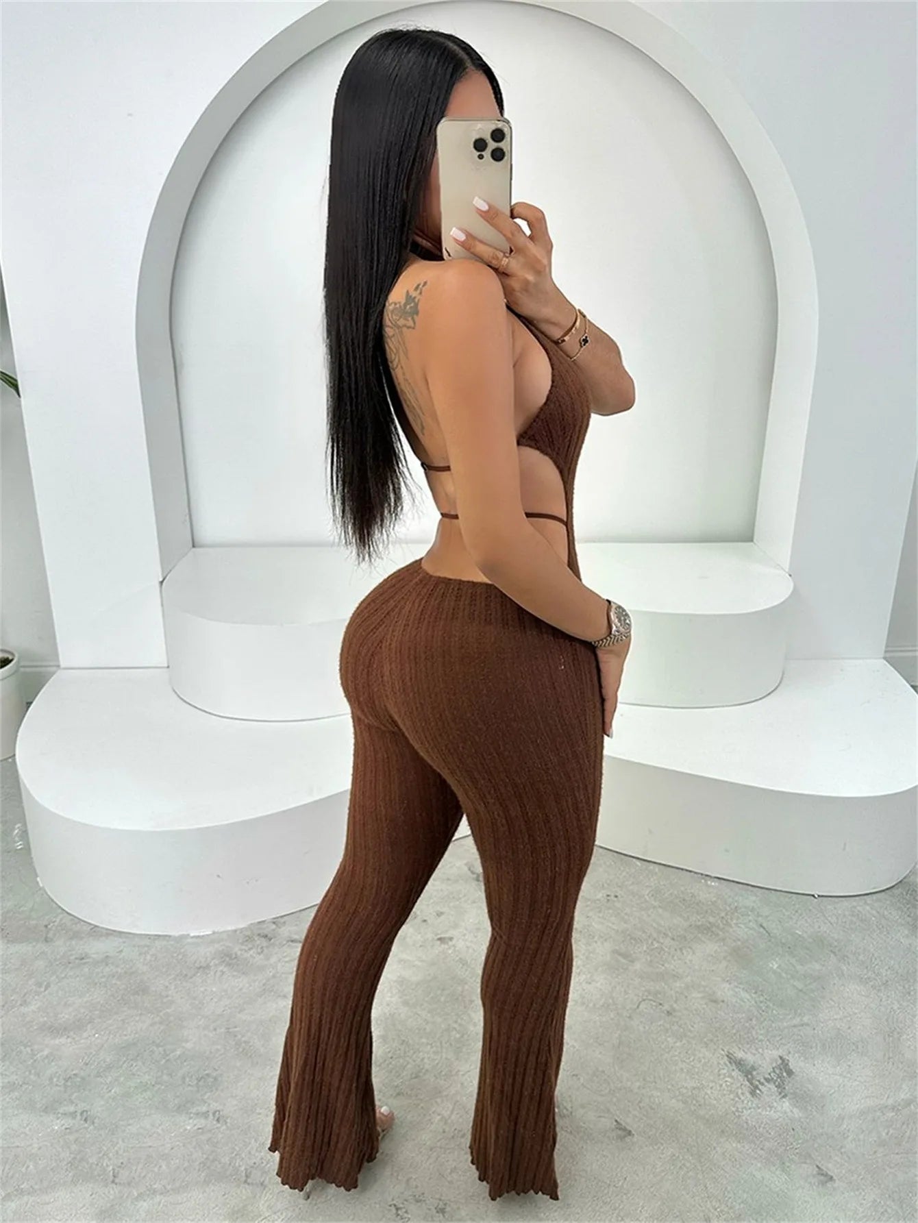 Joskaa Knitted Halter Backless Jumpsuit Women Sexy Deep V-Neck Bow Sleeveless Skinny Overalls 2025 Fitness Sportswear Clubwear