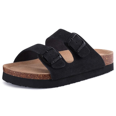 Kidmi New Men Sandals Men Double Buckle Sandals Cork Suede Men Slippers Outdoor Beach Slide Sandals Casual Soft Nonslip Sandals