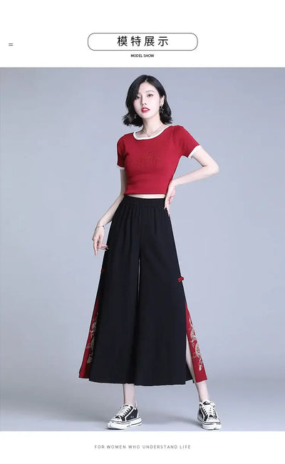 Fashion Women Trousers High Waist Wide Leg Pants Chiffon Slit Culottes Cheap Wholesale Elastic Waist Cropped Pants Free Shipping