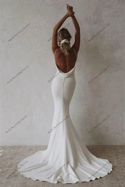 Elegant Sheath Mermaid Wedding Dress with Daring V-neckline Mesmerizing Backless Bridal Gown with Spaghetti Straps Party Dress
