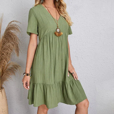 Women Mini Dress Summer Casual Solid V Neck Ruffles A-line Dress Female Fashion Holiday Boho Loose Beach Elegant Dresses Vestido