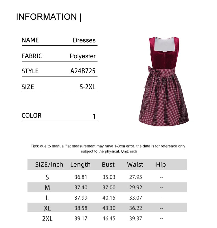 Women Midi Red Costume Dress Oktoberfest Beer Maid Women Dirndl Dress with Lace Apron Fashion Halloween