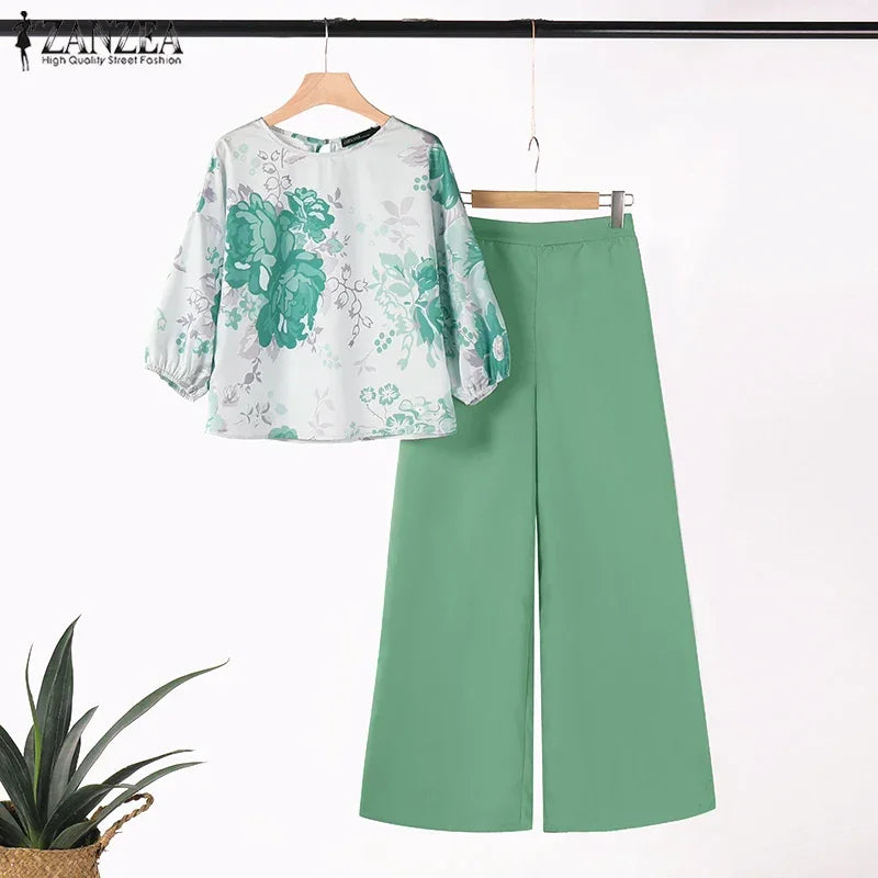 2PCS Fashion Women Tracksuits ZANZEA Spring Pant Sets 3/4 Sleeve Blouse Wide Leg Trousers Suit Casual Outfit Print Matching Set