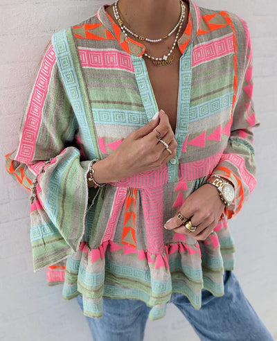 Women Loungewear Shirts V-Neck Long Flare Sleeve Fashion Ruffles Ladies Pullover Blouses 2023 Patchwork Streetwear Dropshipping