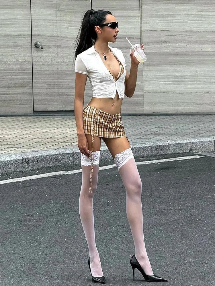 Whatiwear Street Fashion 3 Piece Set Women Polo-Neck Single-Breasted Blouse+Halter Bra+Plaid Print Shirring Skirts Y2K Style Set