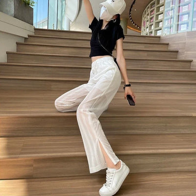 Wide Leg Elastic Waist Trousers for Woman Straight Women's Pants Black Stripe White Clothing High Quality Classic Y2k Streetwear