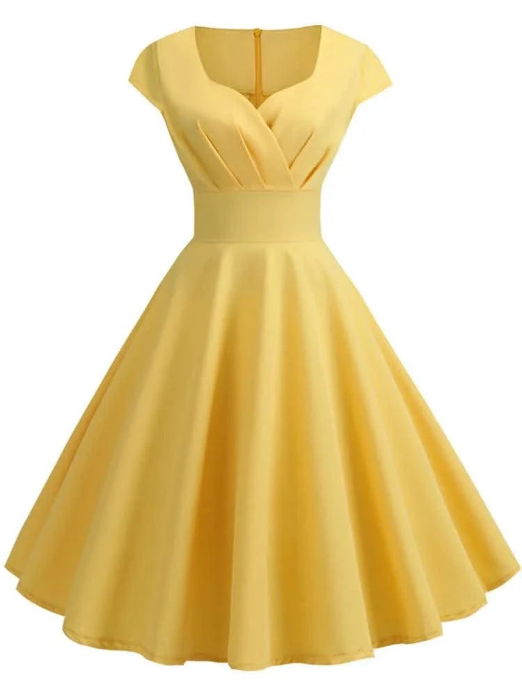 Women Vintage Pin Up Summer Dress | Casual Retro Elegant Midi Sundress |Hepburn Rockabilly Party Dress