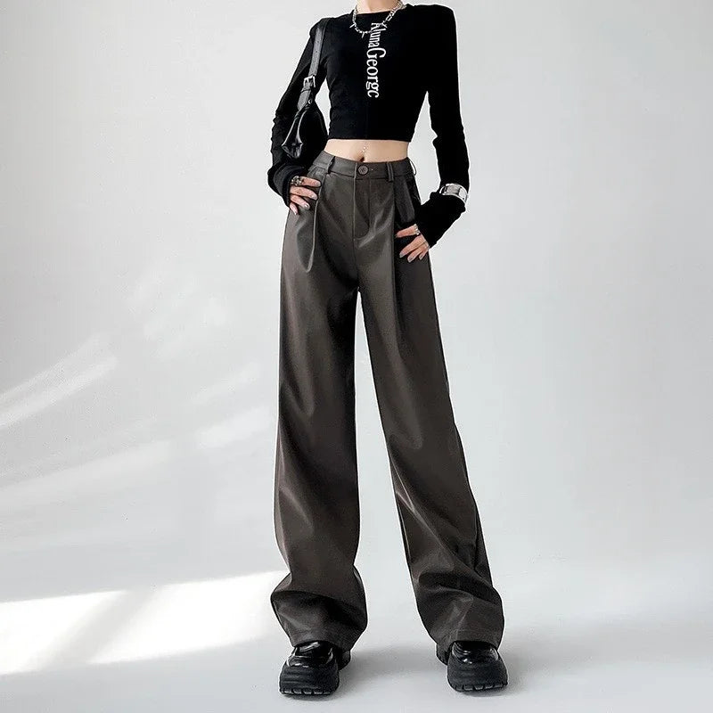 Women's Wide Leg Pants PU Straight Pants Autumn New Fashion Pantalones Mujer Solid Black Brown Leather Pants Women Streetwear