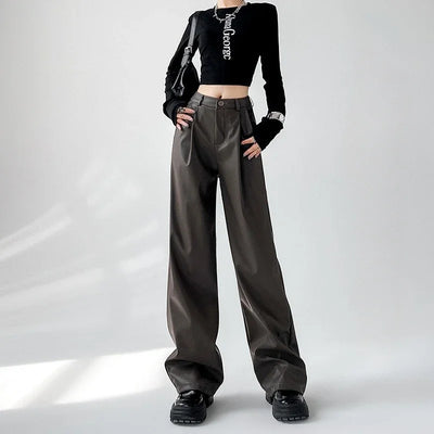 Women's Wide Leg Pants PU Straight Pants Autumn New Fashion Pantalones Mujer Solid Black Brown Leather Pants Women Streetwear