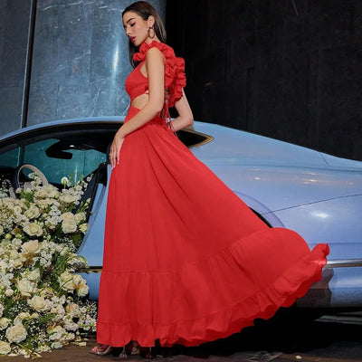 Women Wedding Dresses Summer Chiffon Flower Dress Backless Cross Tie Pleated Large Swing Evening Dress Vestidos De Mujer