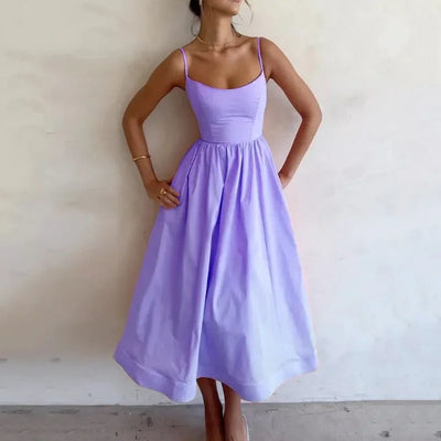 Women's Off The Shoulder Midi Dress 2024 Summer New Solid Color Sexy U-Neck Strap Large Swing Dress For Women Vestidos De Mujer