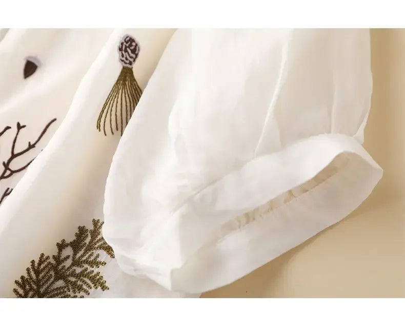 Summer Seven Point Cotton Linen Embroidered Shirt for Women 2024 New Literary Loose Temperament Lapel Casual Top for Women