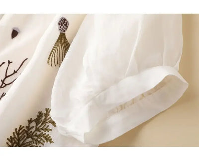 Summer Seven Point Cotton Linen Embroidered Shirt for Women 2024 New Literary Loose Temperament Lapel Casual Top for Women
