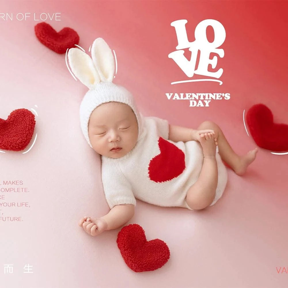 New-Baby Rabbit Costume With Cute Bunny Ear Hat & Love Shape Pocket Background Props | New-born Photography Theme Set
