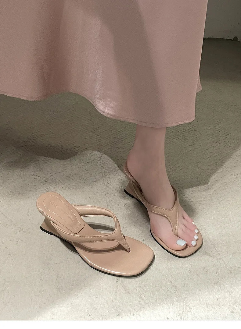 Women High-heeled Slippers 2025 Summer Clip Toe Flip Flop Fashion Pumps French Wedge Sandals Square Toe Ladies Shoes Sandalias