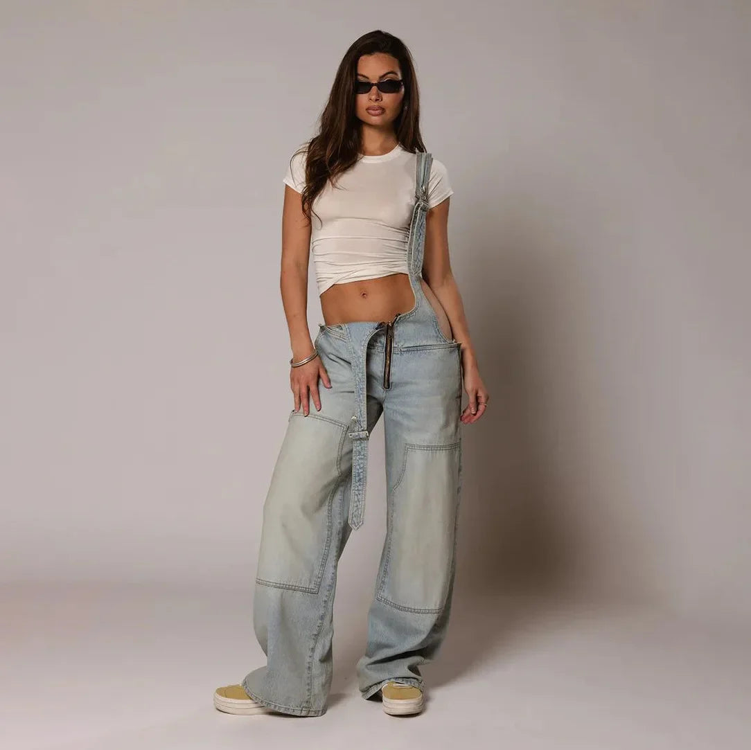 Jumpsuits Women Jeans Overalls Sexy Backless Vintage Full Length Denim Straight Pants Loose Pockets Distressed Washed Casual