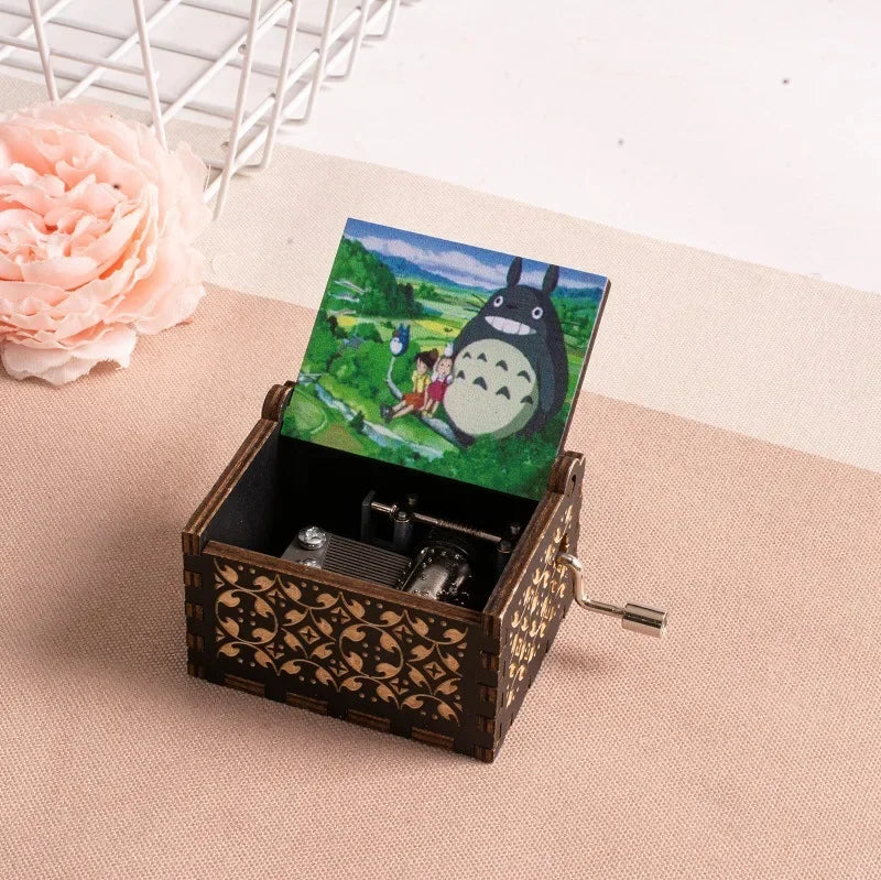 Wooden painted music box, Totoro music gift, ornament, light luxury wooden hand cranked music box