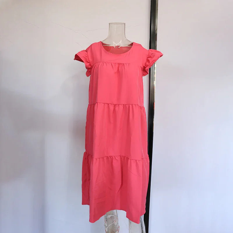 Women's Summer Ruff Sundress Elegant Casual Party Beach Vintage Swing Midi Dress 2022 Solid Bohemian Oversized Vestidos Robe