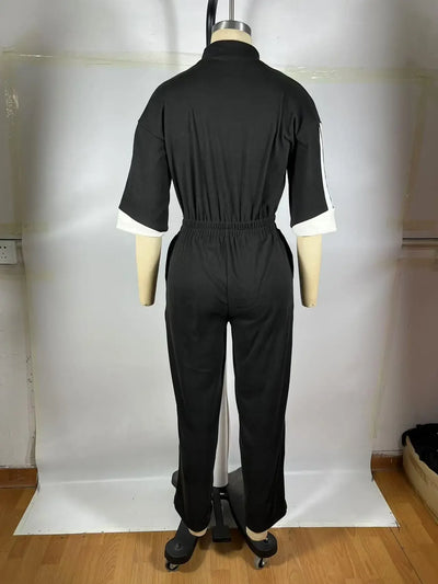 Women Jumpsuits For Spring 3/4 Sleeve Print Stripe Loose Fashion Streetwear Overalls Wide Leg Pants Trousers 2025 Summer