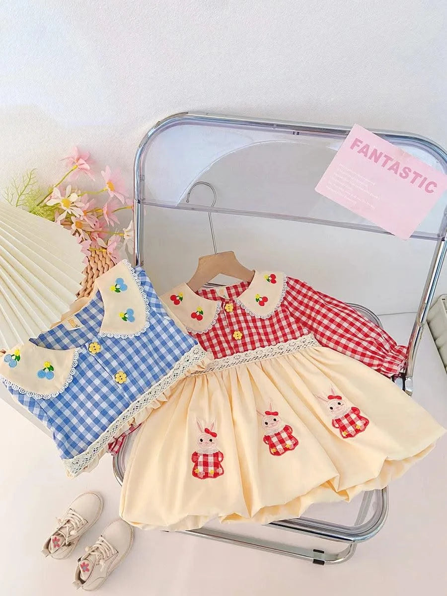 Rabbit Embroidery Cherry Lace Checkered  Peter Pan Collar Dress For Toddler |Girl  1-4Y Infant Girl Princess Dress|New Arrival