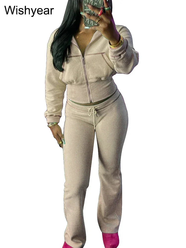 Tracksuits Women Sales Fall Winter Waffle Knit Two 2 Pieces Set Sweatshirts Jacket and Flared Pants Street Sports Workout Outfit