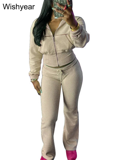 Tracksuits Women Sales Fall Winter Waffle Knit Two 2 Pieces Set Sweatshirts Jacket and Flared Pants Street Sports Workout Outfit