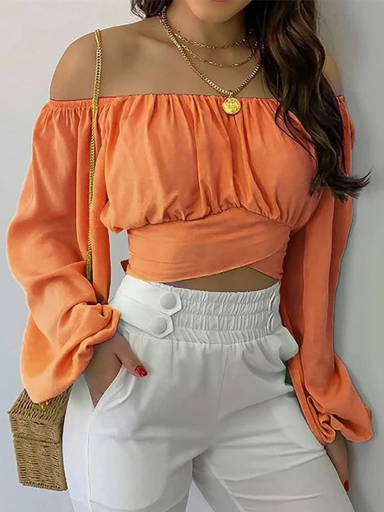 Women Sexy Off Shoulder Blouse Chic and Elegant Printing Lantern Long Sleeve
