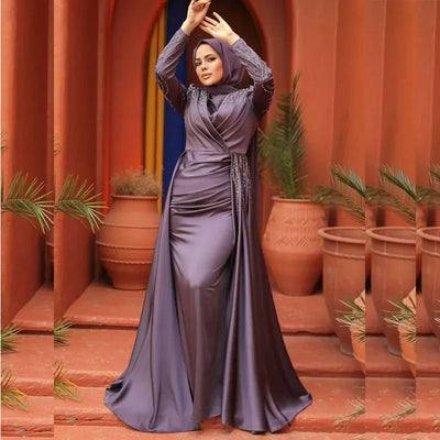 Luxury Dubai Women Evening Dresses Long Sleeve High Neck Appliques Sequine Chapel Train Pleat Gowns Formal Occasion Vestidos