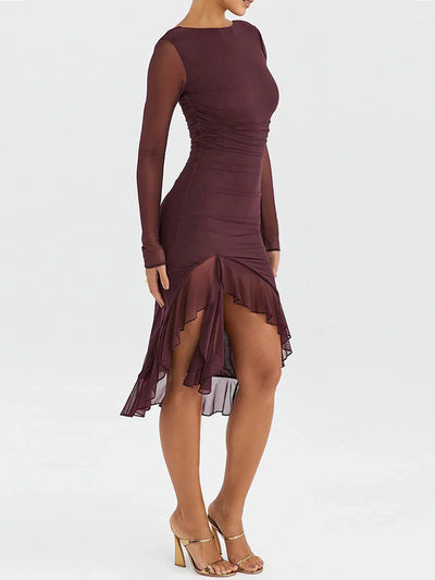 Women Midi Dress Long Sleeve Irregular Mesh Ruffles Mermaid Dress Sexy Backless Party Cocktail Dress
