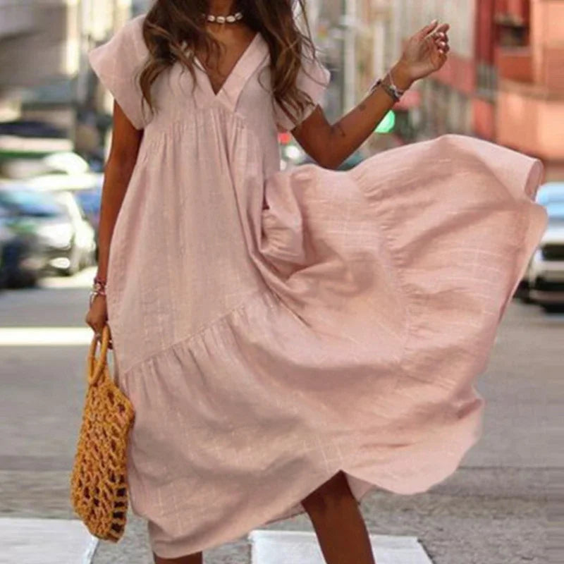 Bohemian Summer Dress for Women V Neck Vestidos Ladies Streetwear Solid Ruffle Dresses Asymmetrical Loose Robe Women Clothing