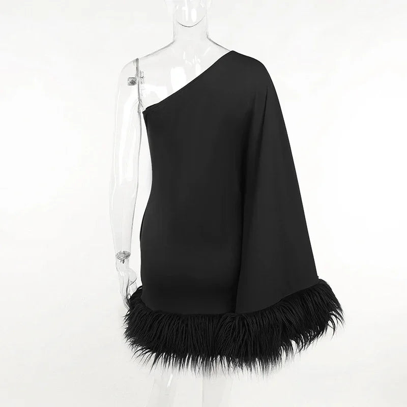Women Elegant Club Dress Mujer Sexy One Shoulder Sleeve Feather Hem Cloak Dress Autumn Winter Ladies Party Loose Backless Dress