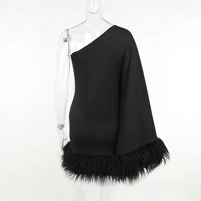 Women Elegant Club Dress Mujer Sexy One Shoulder Sleeve Feather Hem Cloak Dress Autumn Winter Ladies Party Loose Backless Dress