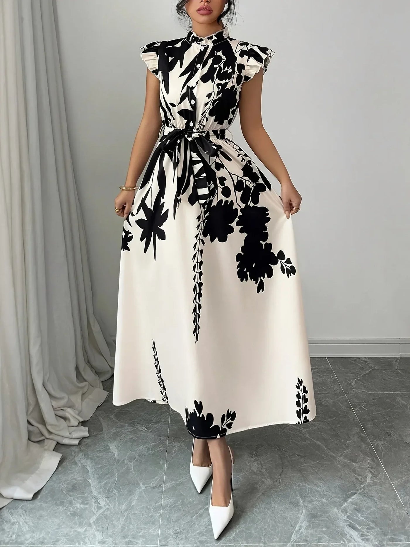 Summer Dress Women Flower Floral Print Fashion Elegant Ladies Dresses Slim High Waist Ruffle Pleated Woman Dress