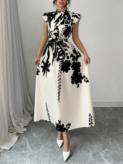 Summer Dress Women Flower Floral Print Fashion Elegant Ladies Dresses Slim High Waist Ruffle Pleated Woman Dress