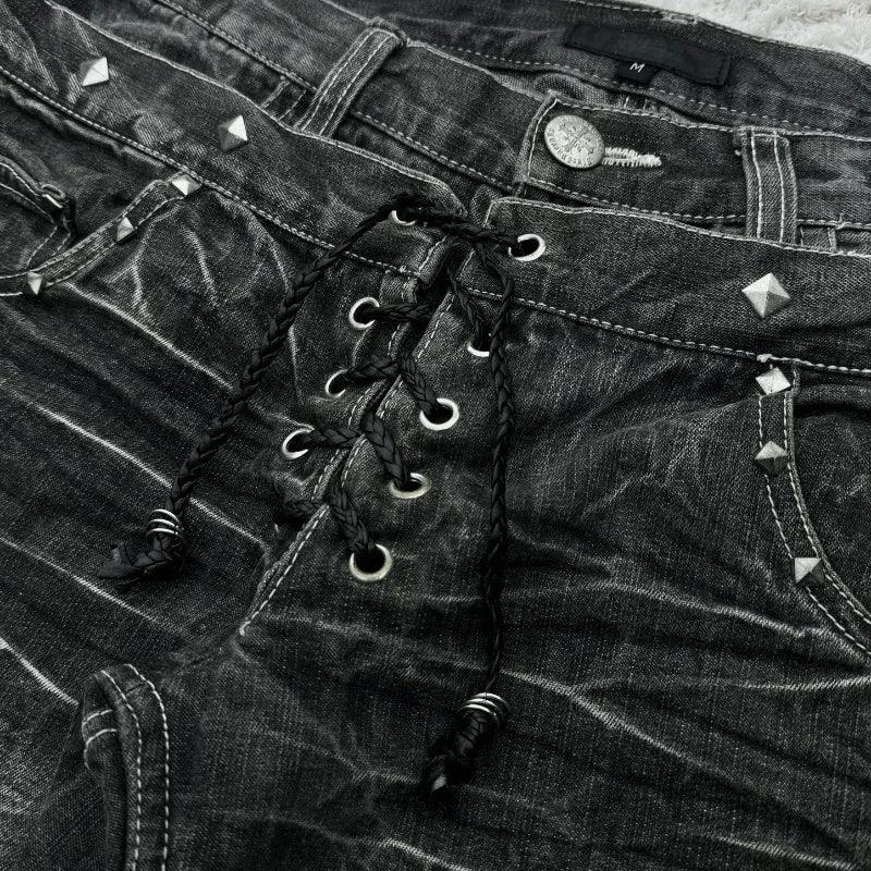 Fashionable high street double waisted lace up micro flared women jeans Y2K retro Harajuku washed design for men and women jeans