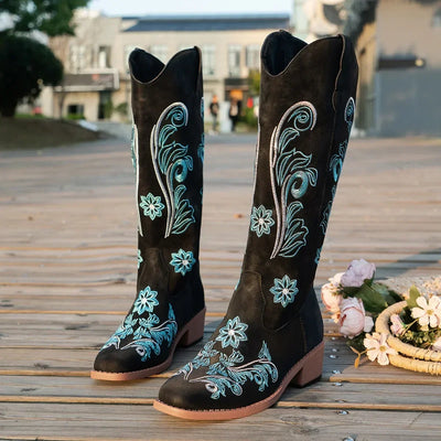 Women's Boots  New Embroidered Long Tube Boots Low Heel Calf Waterproof Cold Resistant Comfort Fashion Knight Boots