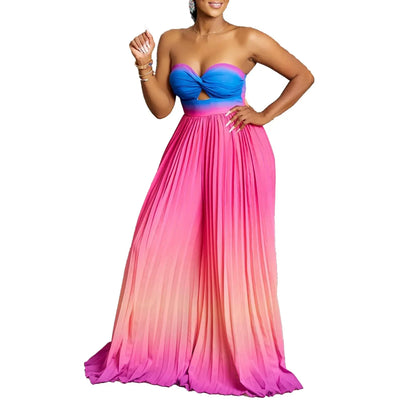 Gradient Color Women Jumpsuits For Summer Sleeveless Bandage Loose Fashion Streetwear Overalls Wide Leg Pants Trousers 2024