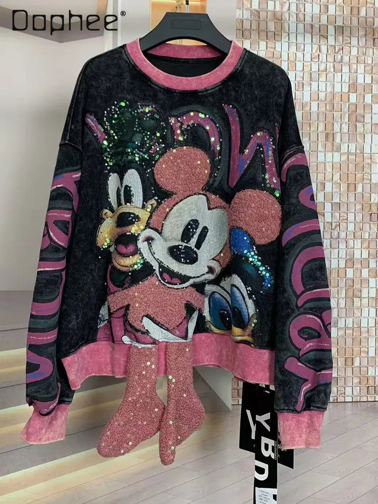 Trendy Brand Autumn Heavy Loose Embroidered Cartoon Round Neck Fashion Sweatshirt Round Neck Long Sleeve  Streetwear Women
