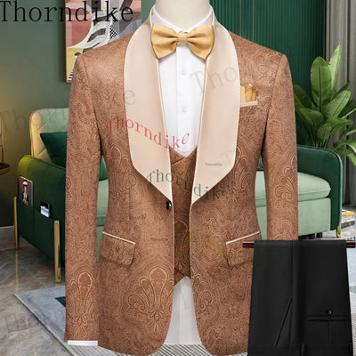 Thorndike Hot Sell Khaki Plaid Custom Made Classic Groom Tuxedo Groomsmen Best Man Suit Wedding Men's Blazer+Vest+Pants Costume