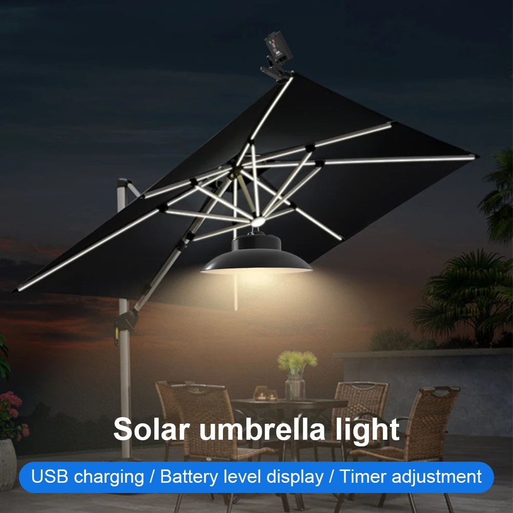 Solar Powered Patio Umbrella Light USB Charging Clip-On Umbrella Lamp IP65 Waterproof Power Display for Beach Camping Tent Party