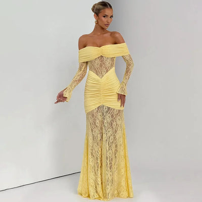 Woman Clothing Lace Patchwork Evening Dress 2025 Autumn Sexy Slash Neck Long Sleeve Folds Party Gown Lady Long Maxi Prom Dresses