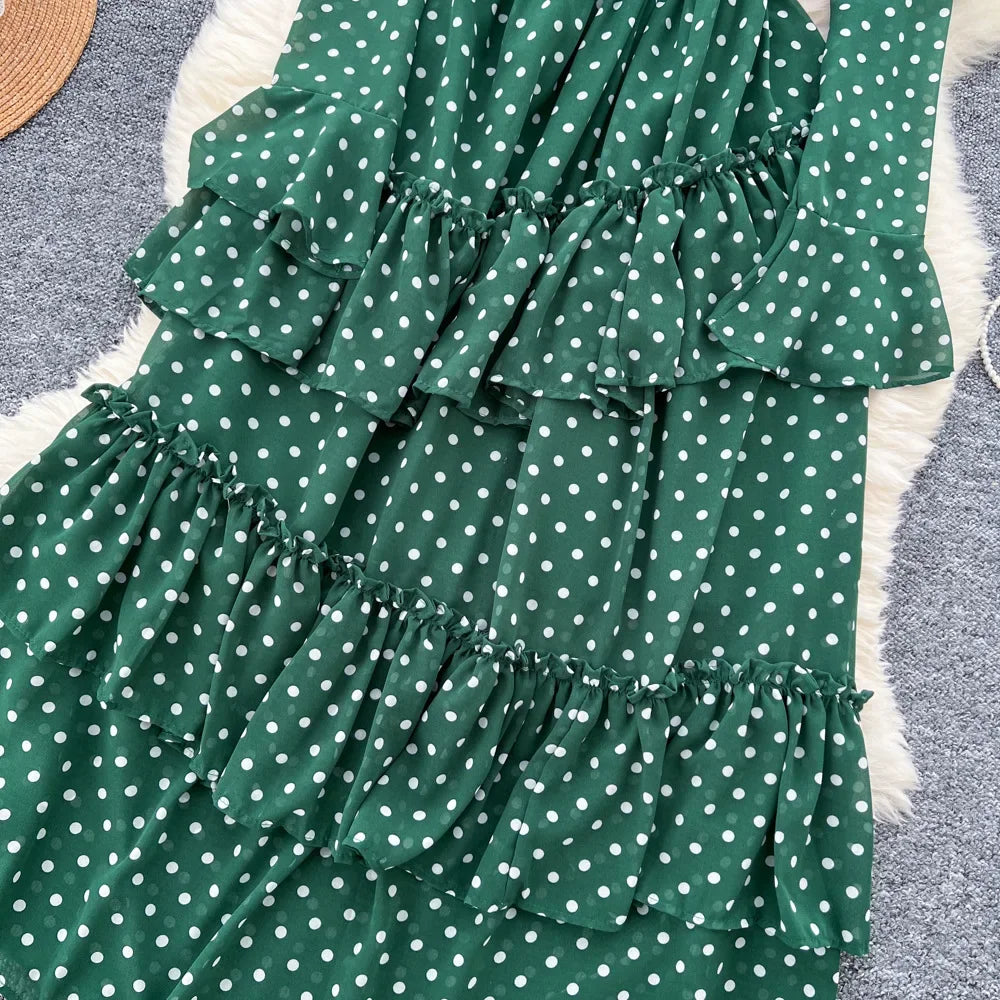 Dot Dress Women Long Dresses Print Chiffon Lace Up Flare Sleeve A Line Vestidos Streetwear Elegant Splice Y2k High Waist Party